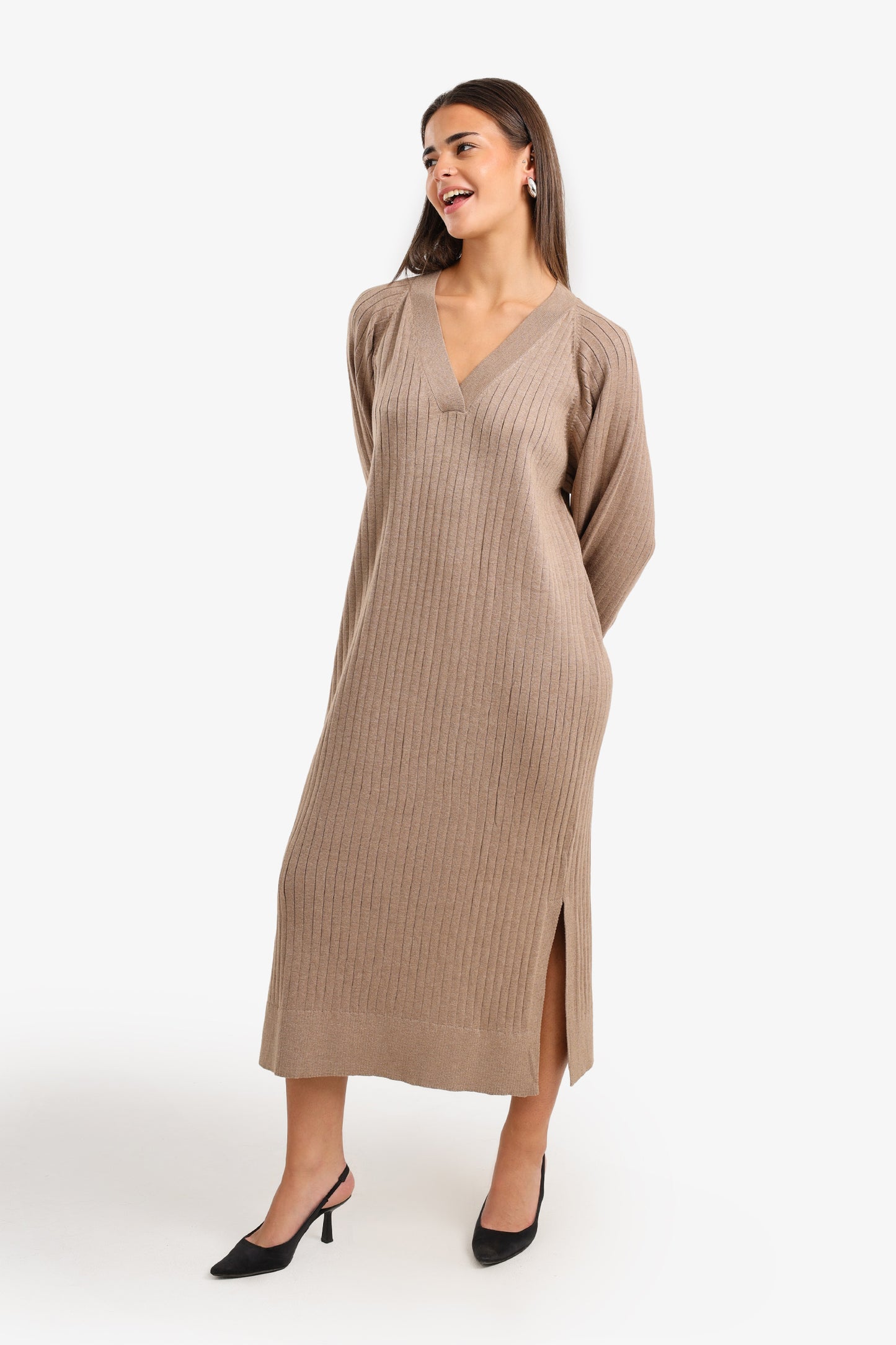 V-Neck Ribbed Midi Dress