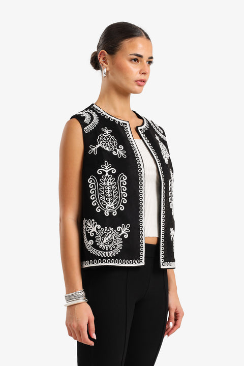 Embroidered Open Vest