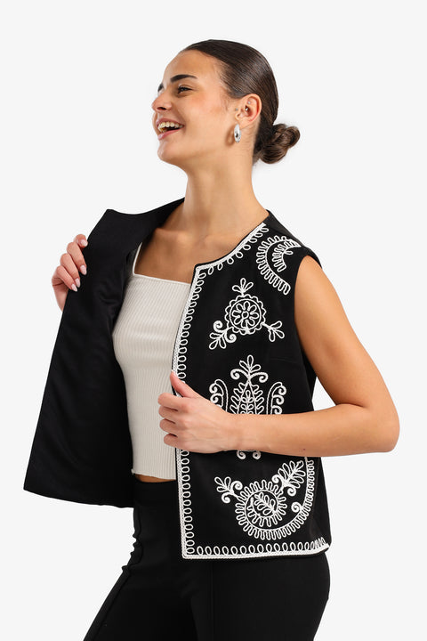 Embroidered Open Vest