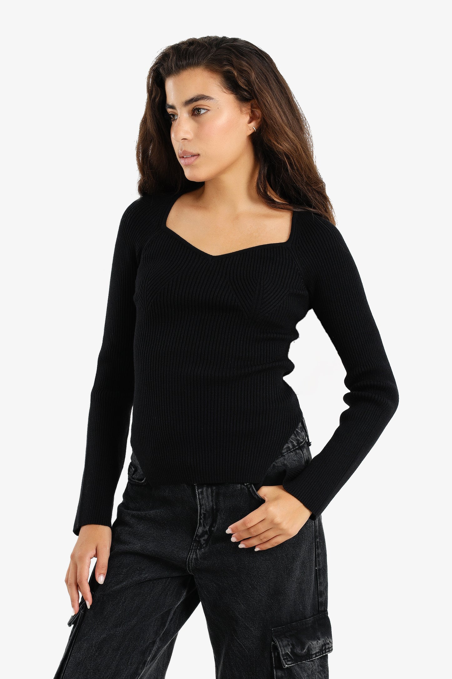 Ribbed Heart Neck Pullover