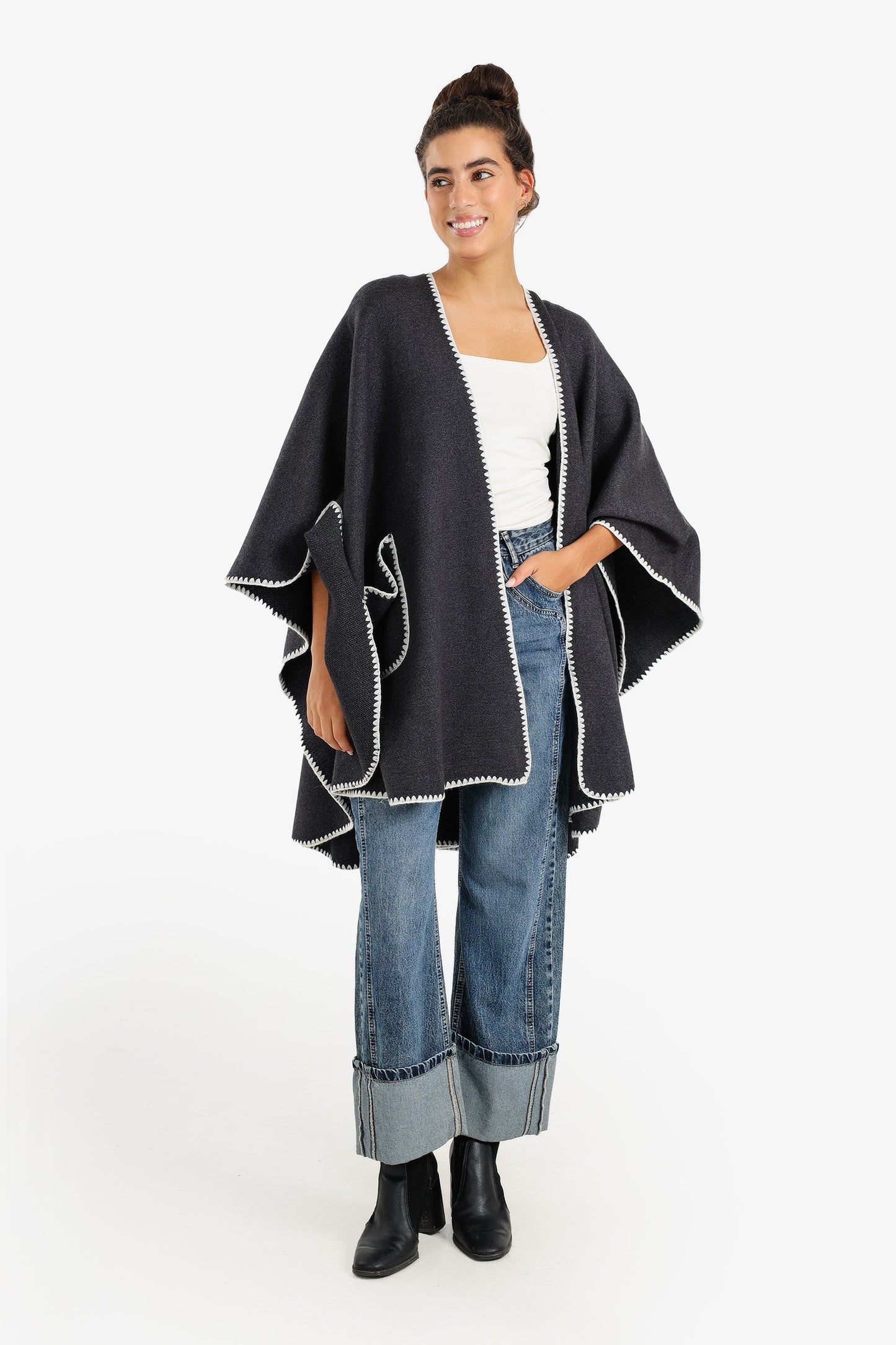 Relaxed Poncho with Zigzag Trim