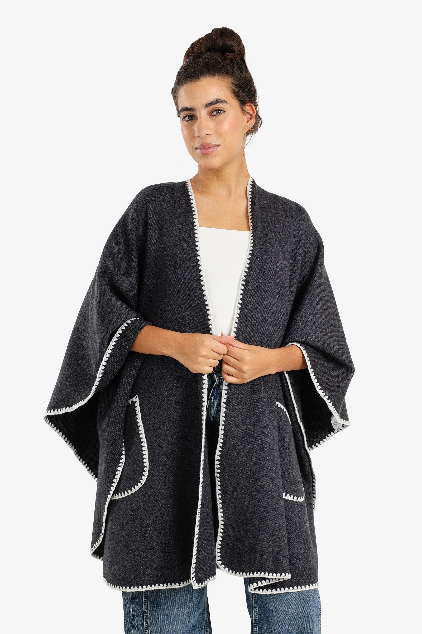 Relaxed Poncho with Zigzag Trim