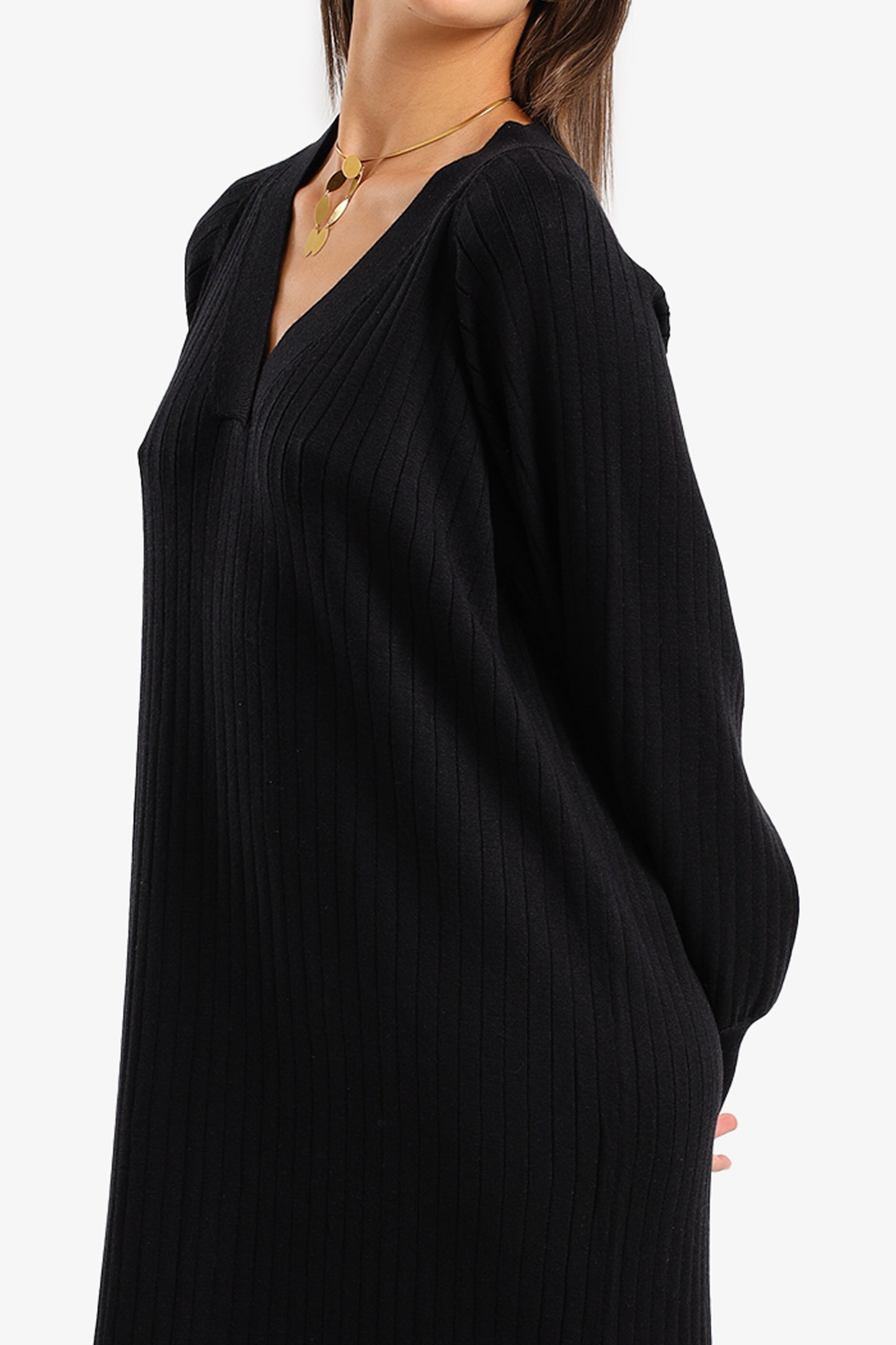 فستان ميدي مضلع وياقة V