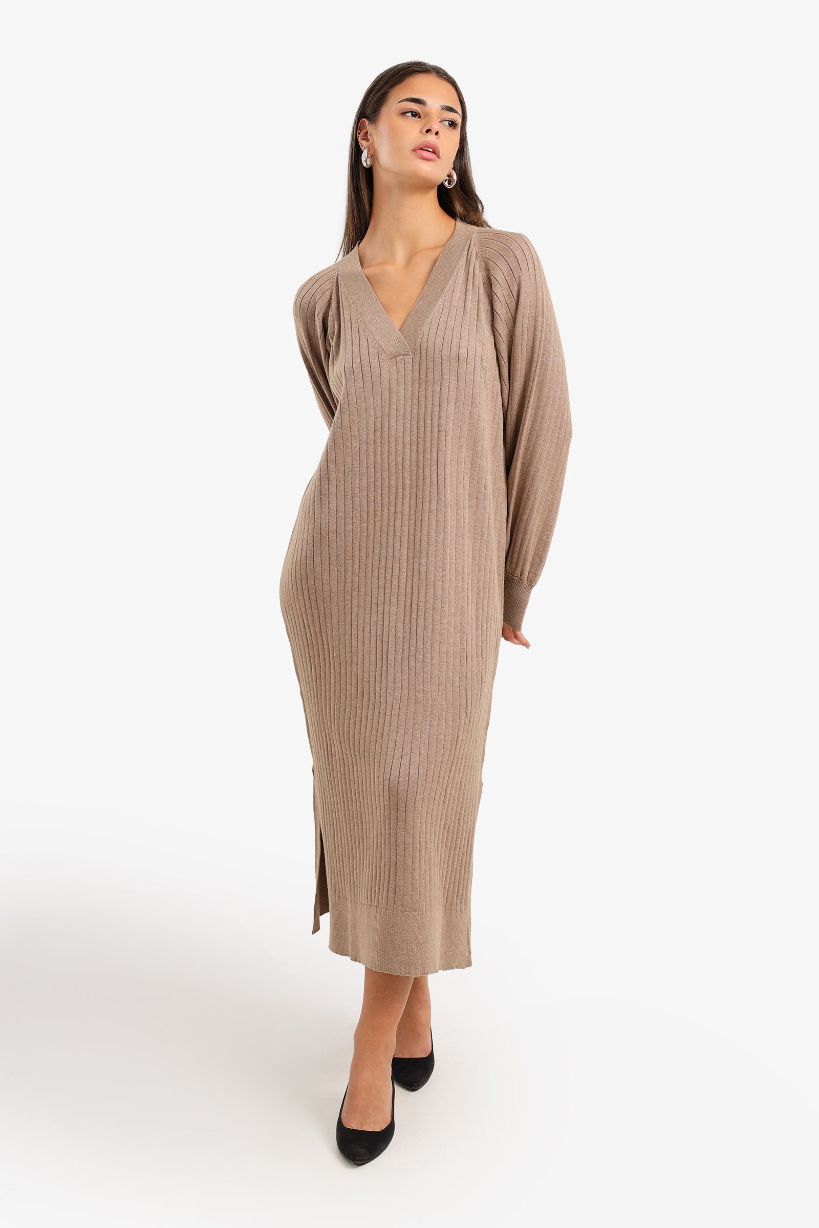 V-Neck Ribbed Midi Dress