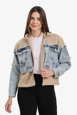 Denim-Panel Wool Jacket