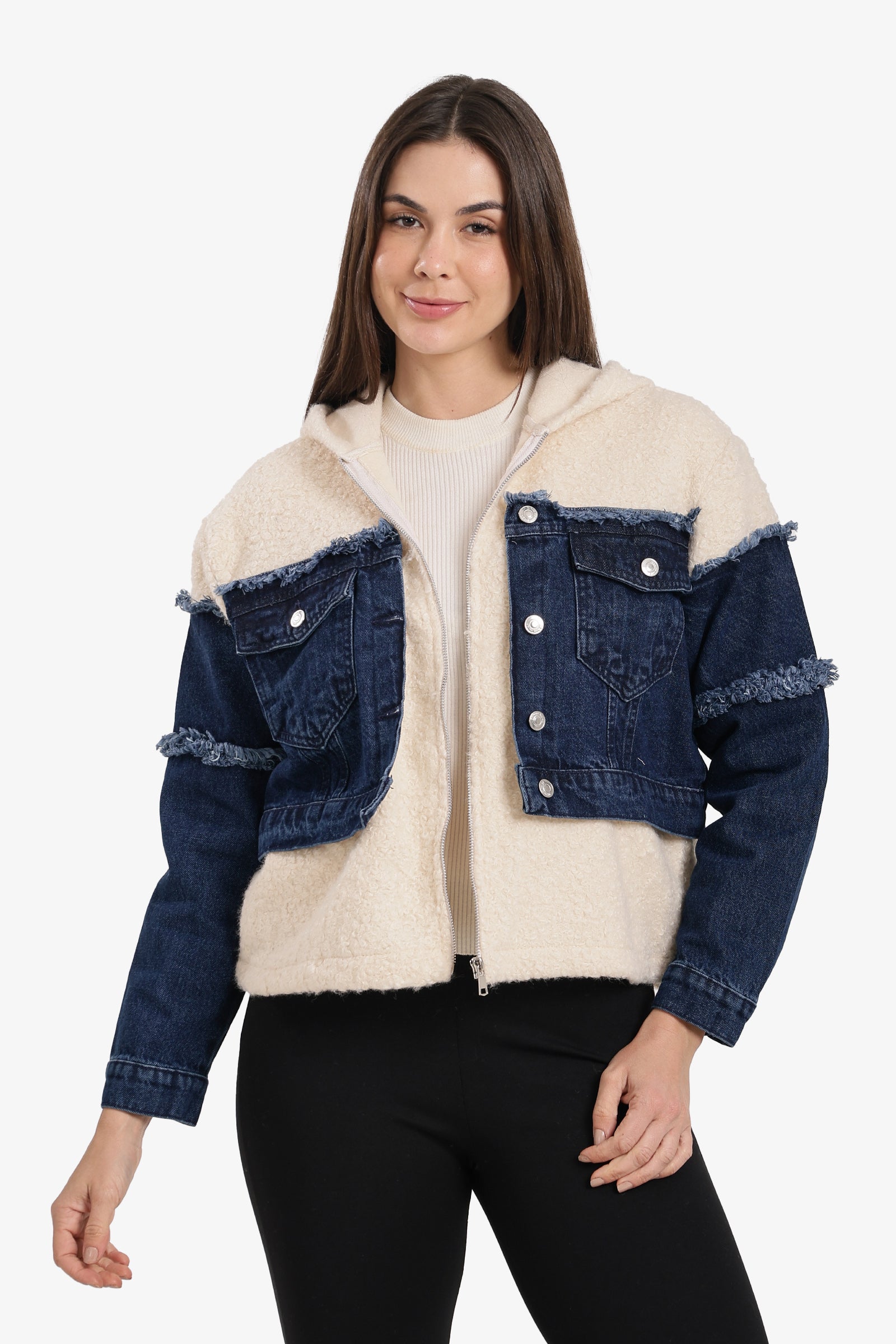 Denim-Panel Wool Jacket