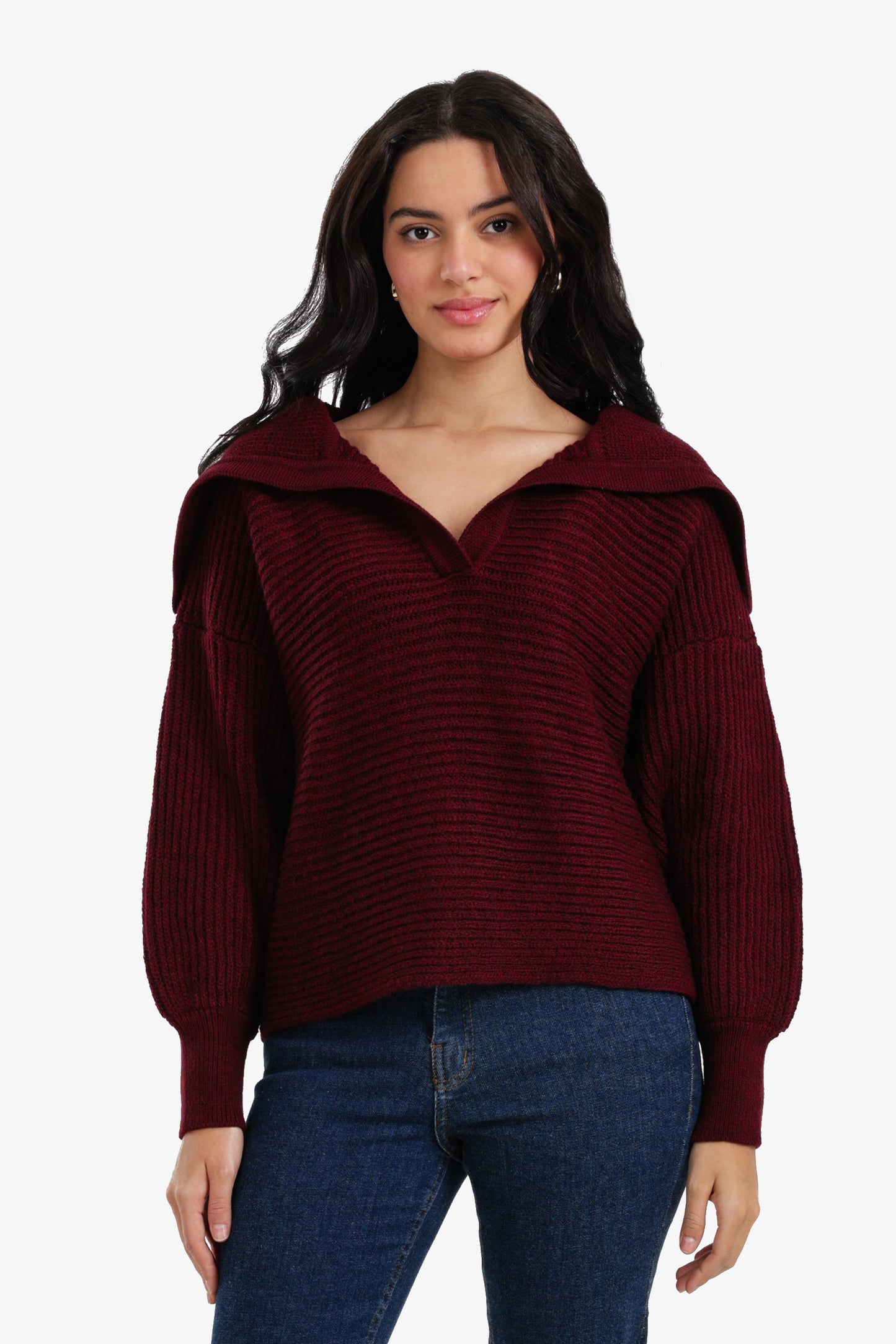 Puff-Sleeve Ribbed Pullover