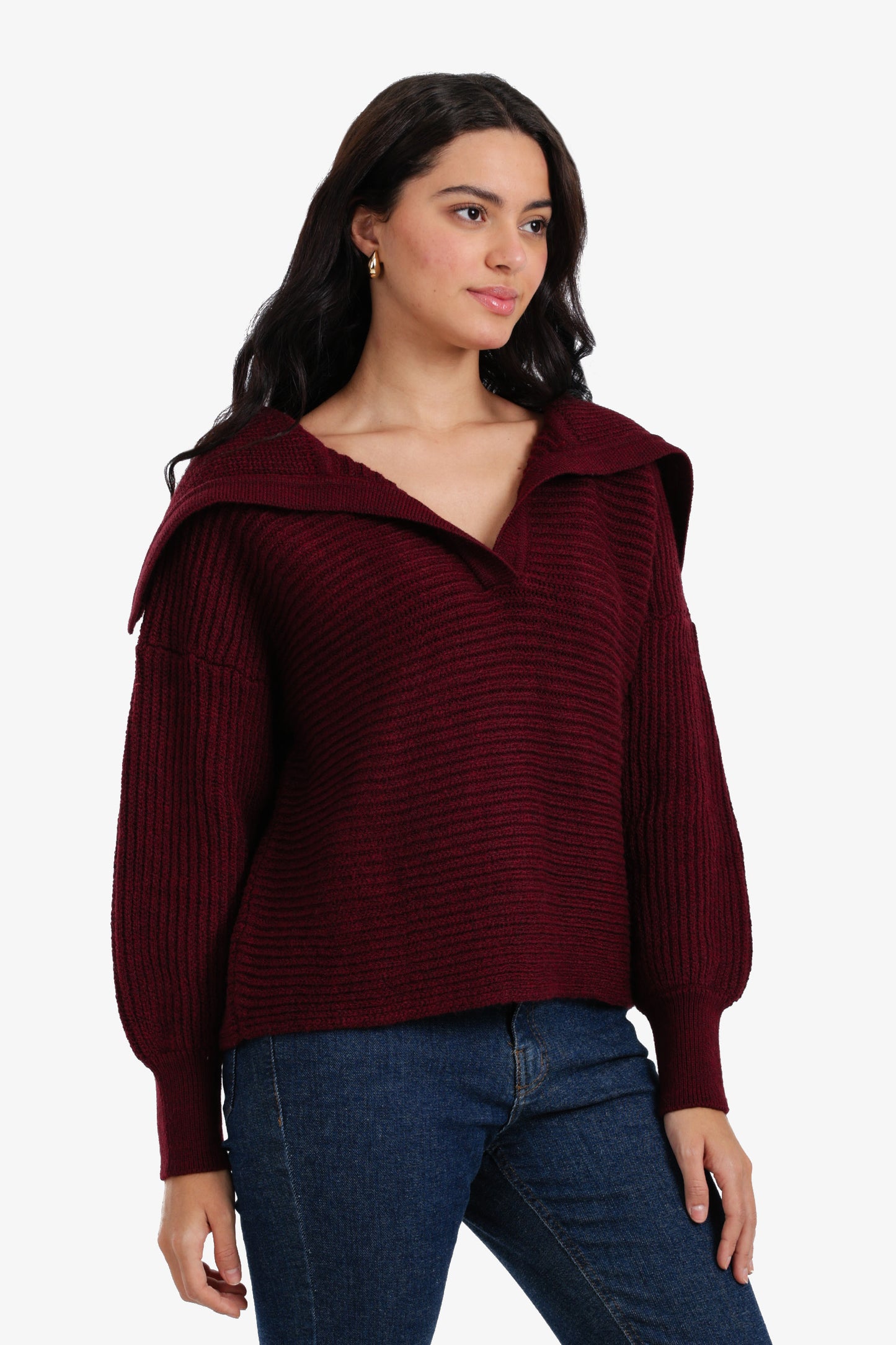 Puff-Sleeve Ribbed Pullover