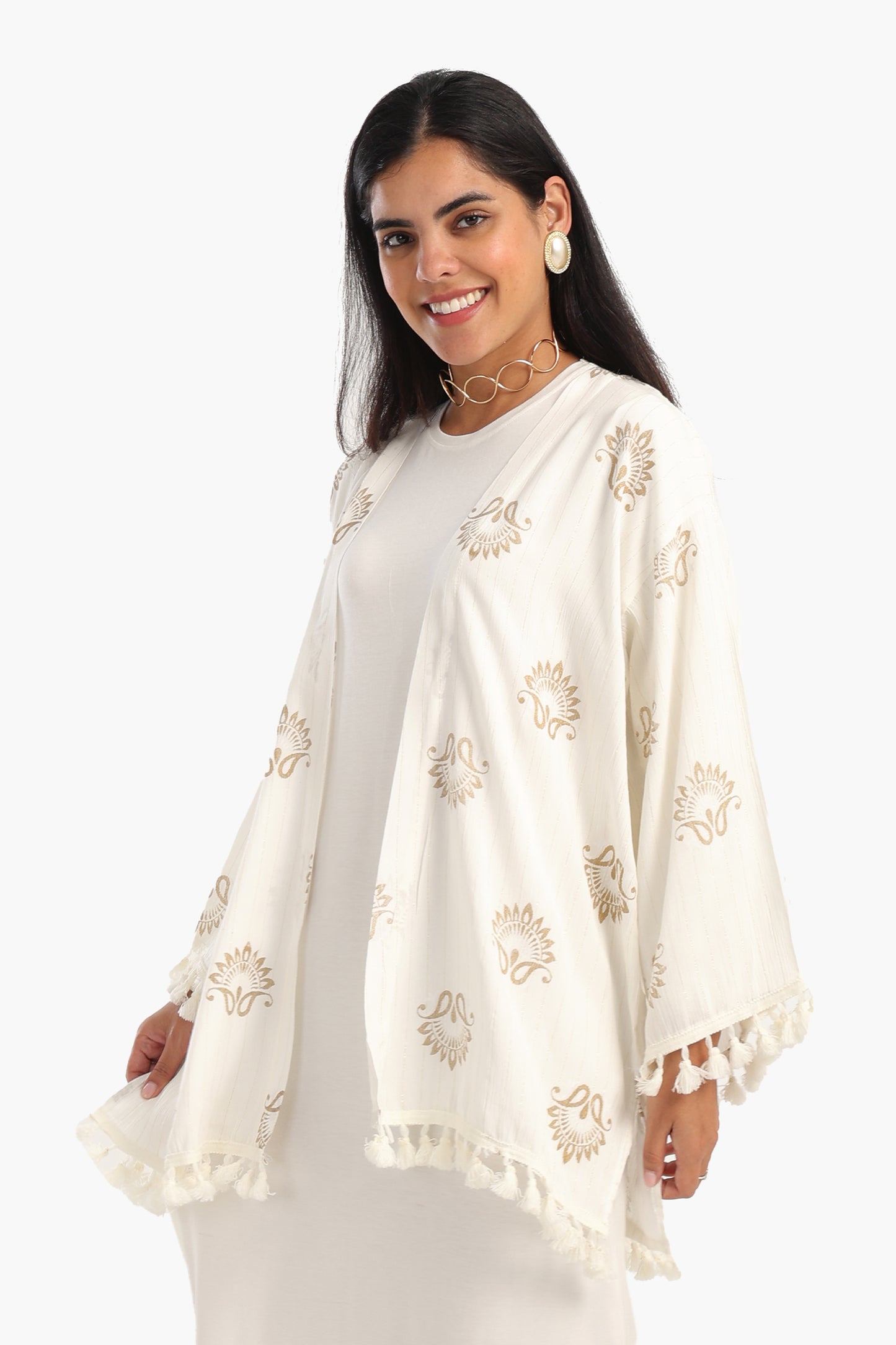 Printed Cardigan with Fringes