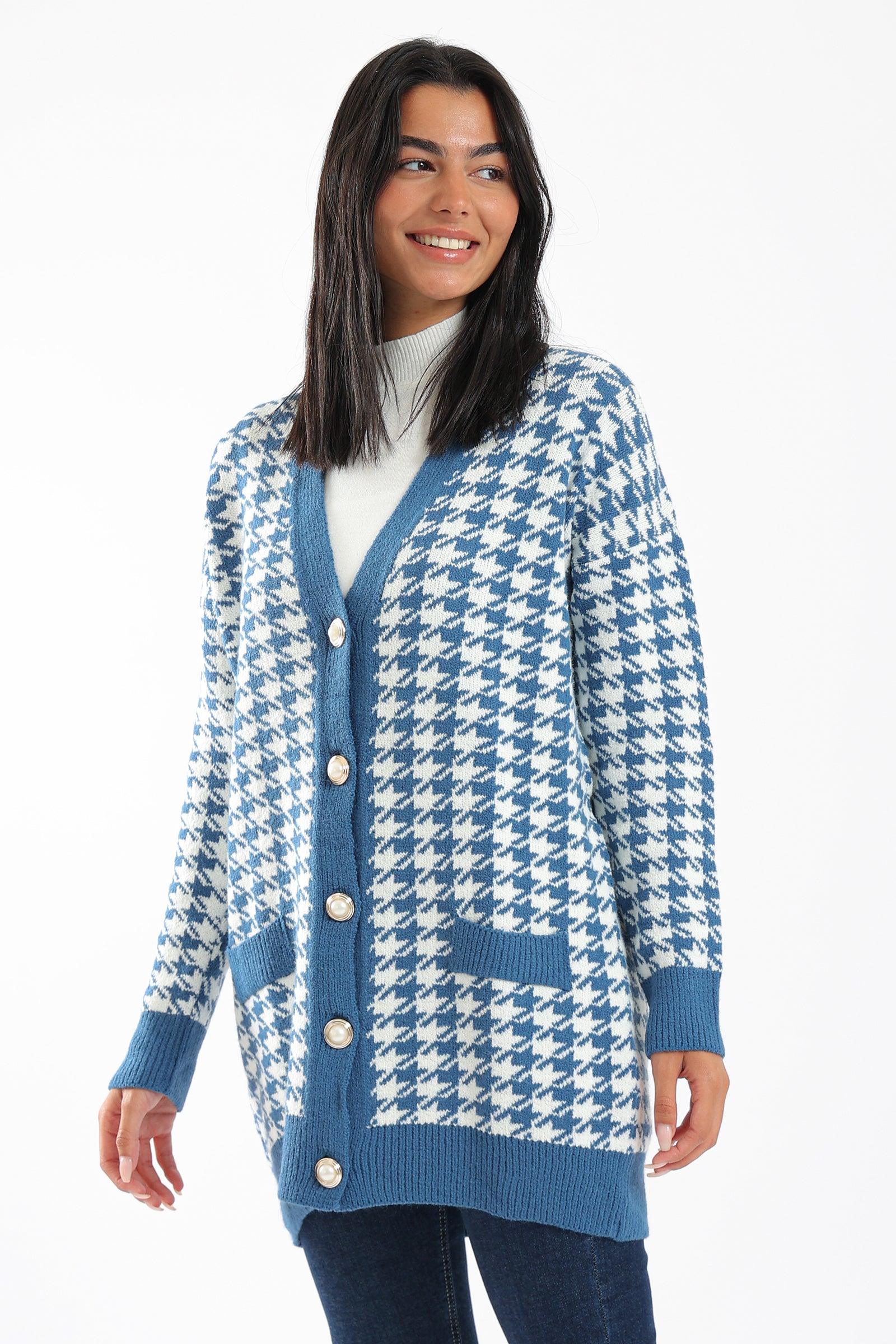 Knitted Houndstooth Pattern Cardigan