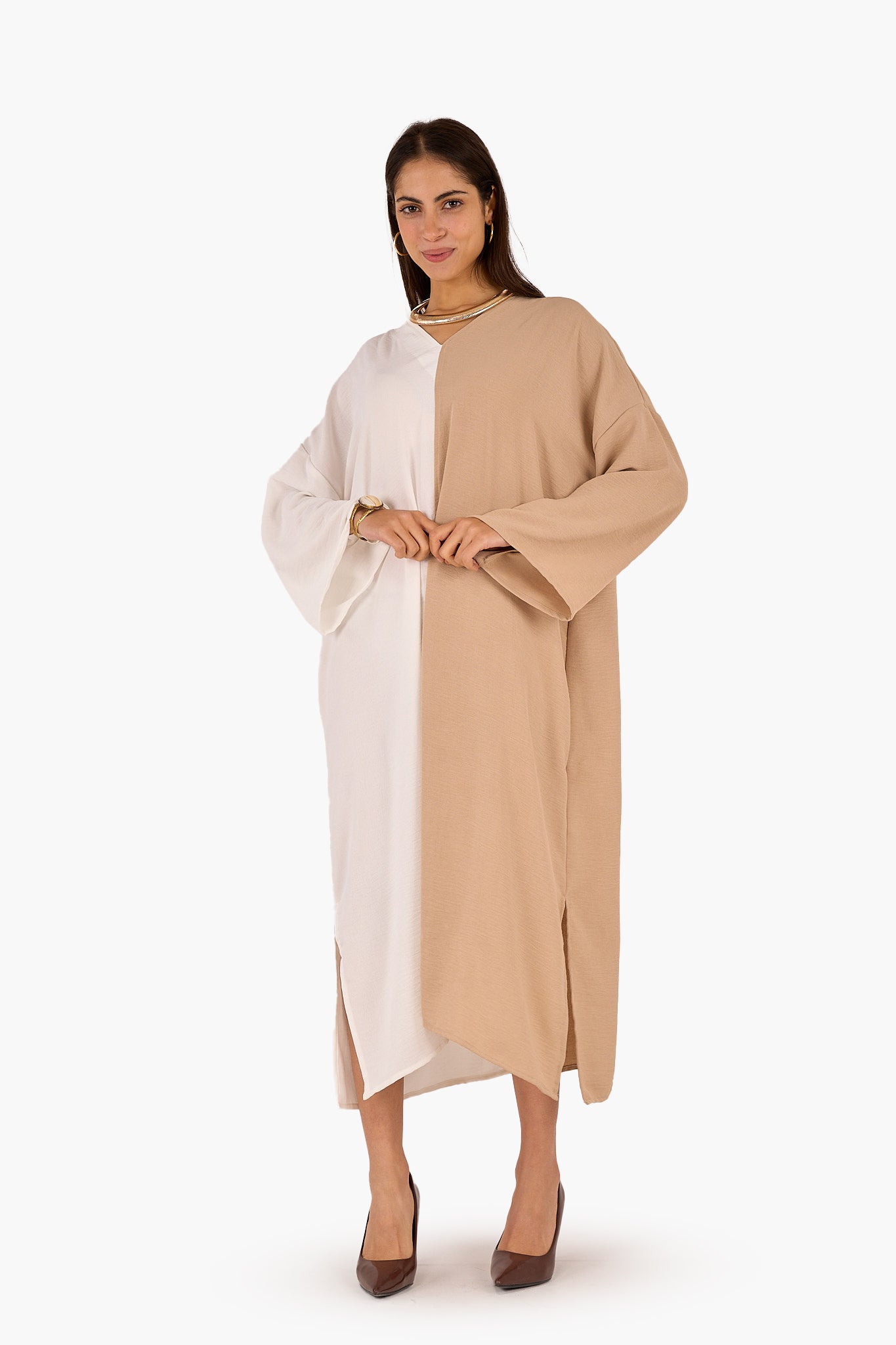 فستان برقبة V بلونين