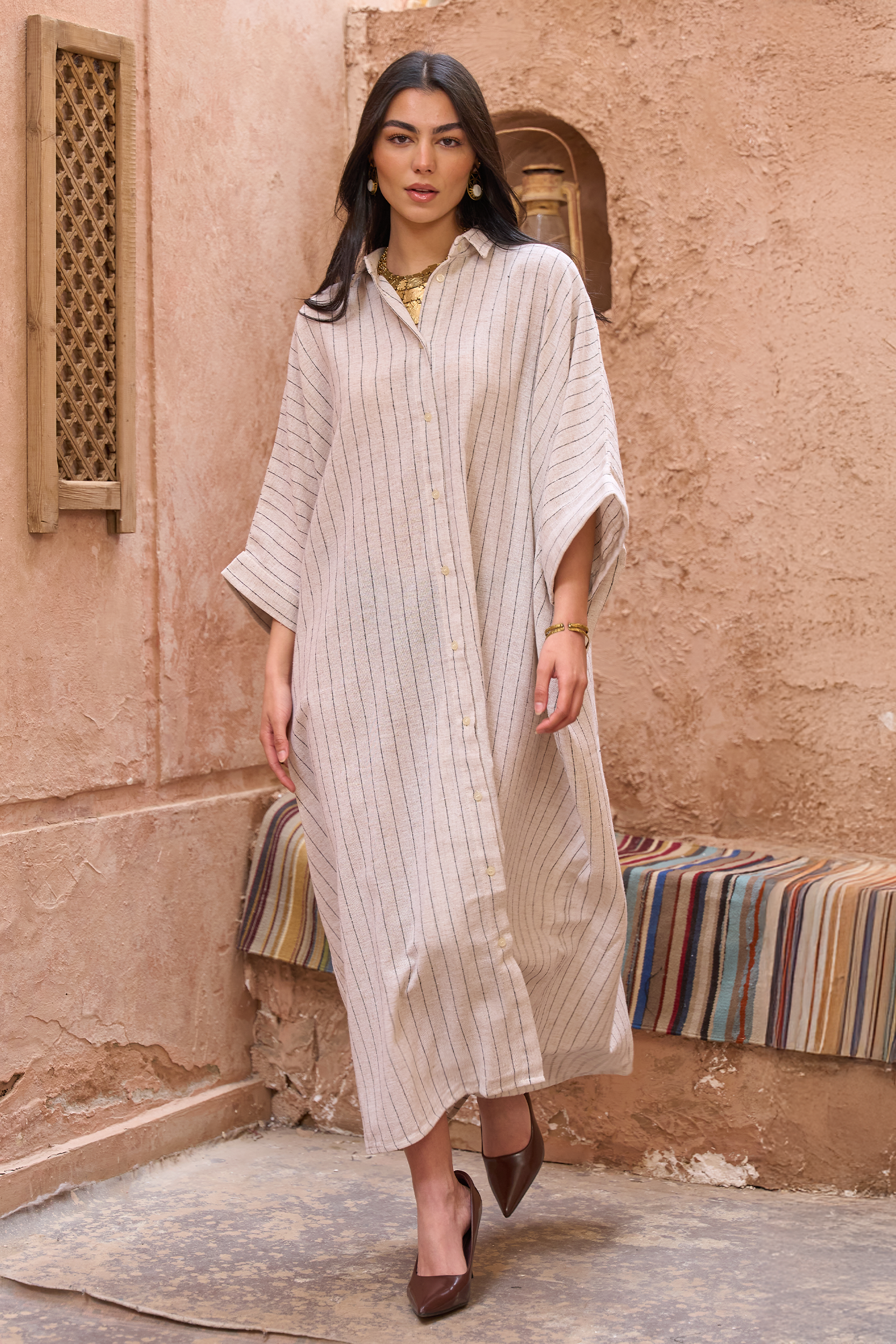 Beige Striped Shirt Dress