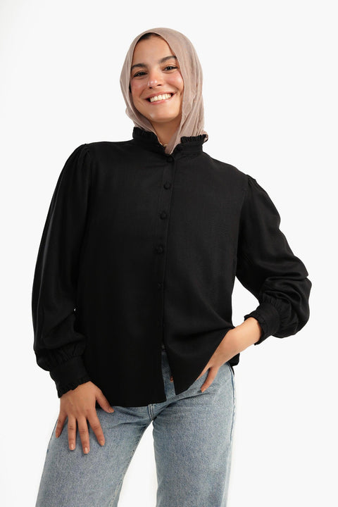 Blouse with Ruffled Stand Collar