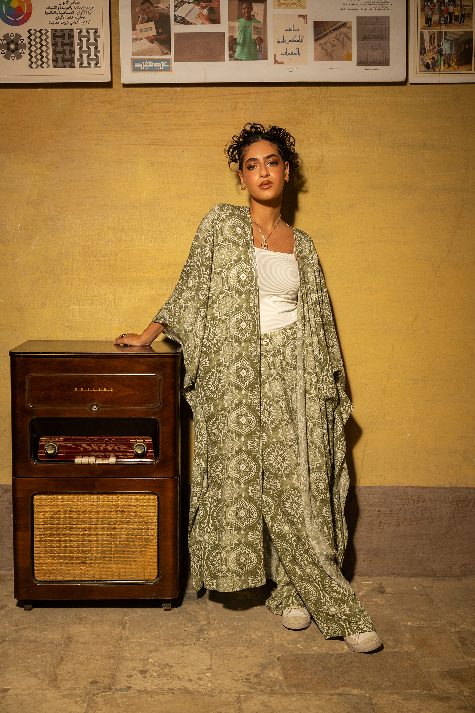 بنطلون تينسل مطبوع زيتوني