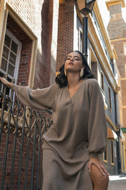 V-Neck Ribbed Midi Dress