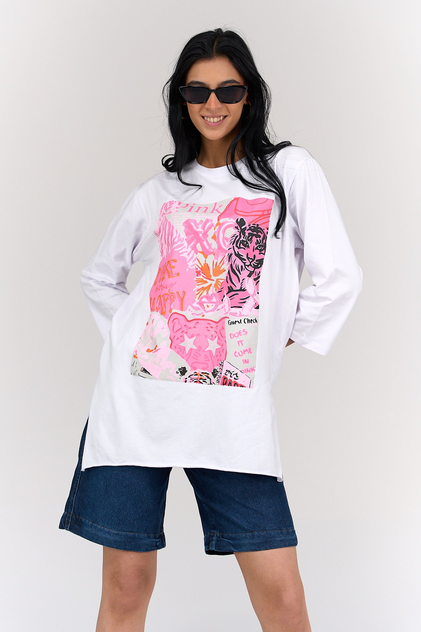 تيشيرت بكم أبيض مطبوع