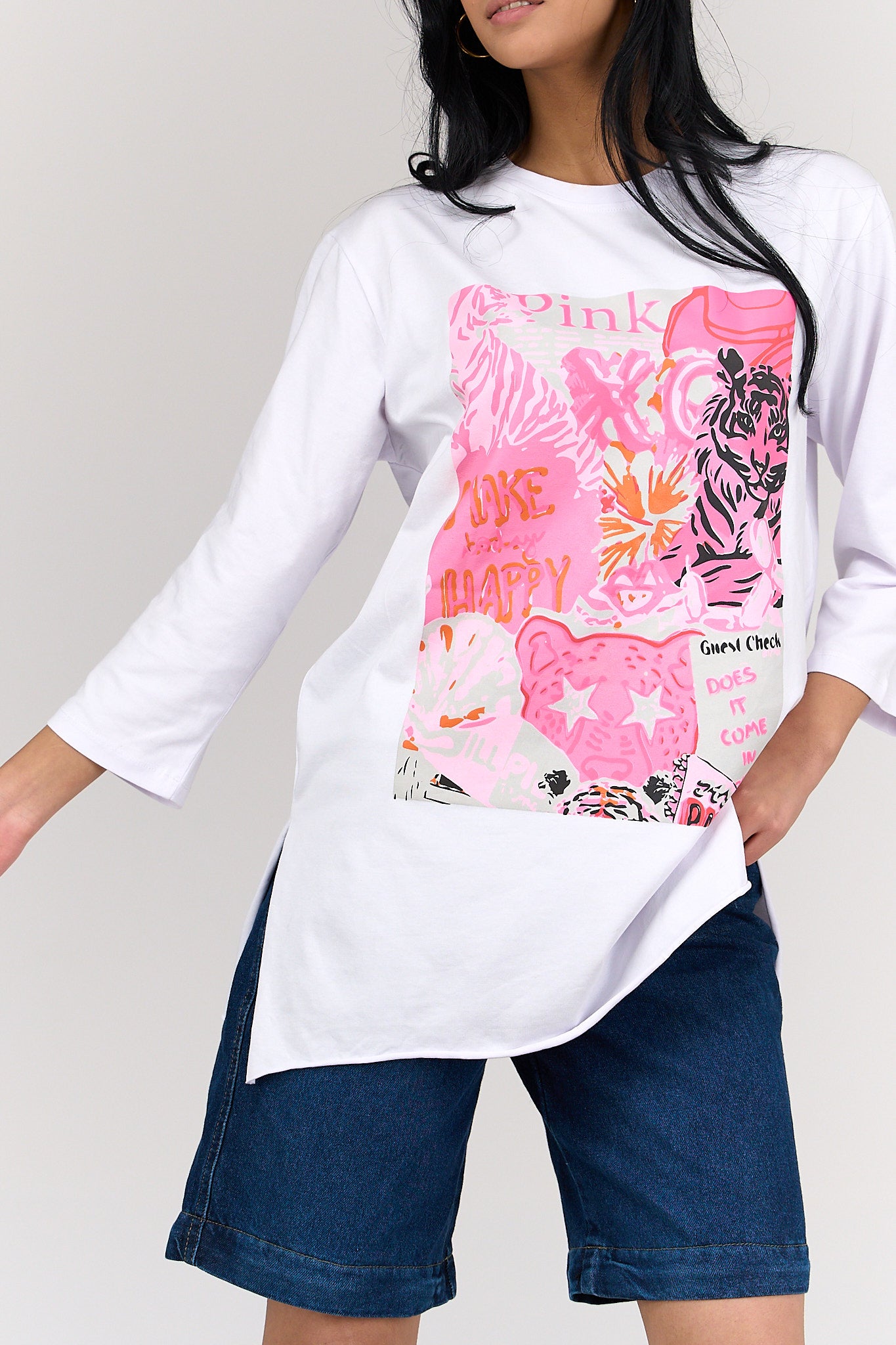 تيشيرت بكم أبيض مطبوع