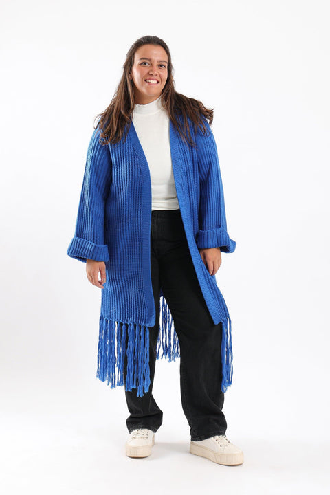 Long Wool Cardigan With Fringed Hems - Clue Wear